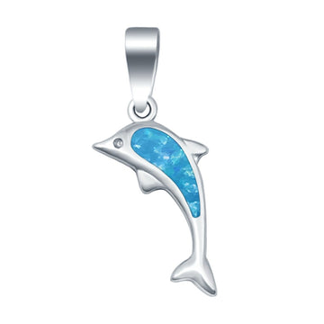 Dolphin Charm Pendant Lab Created Blue Opal 925 Sterling Silver